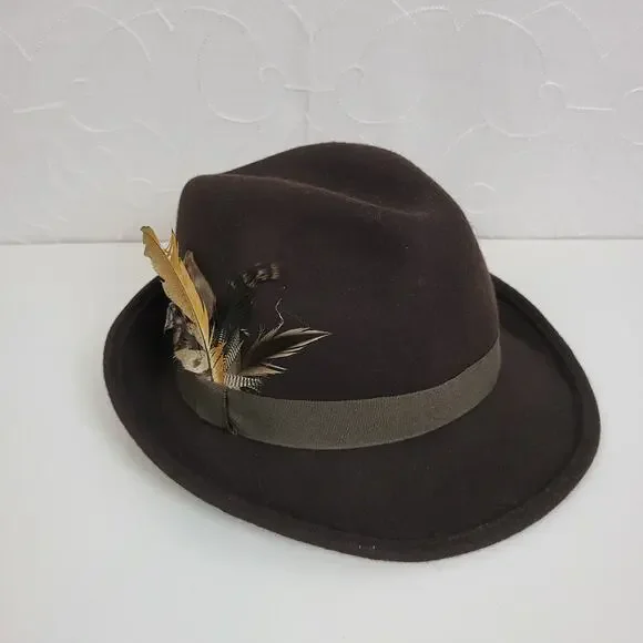 Target Wool Fancy Fedora Hat One Size Brown Guinea Feathers Canvas Satin Trim - Picture 5 of 9